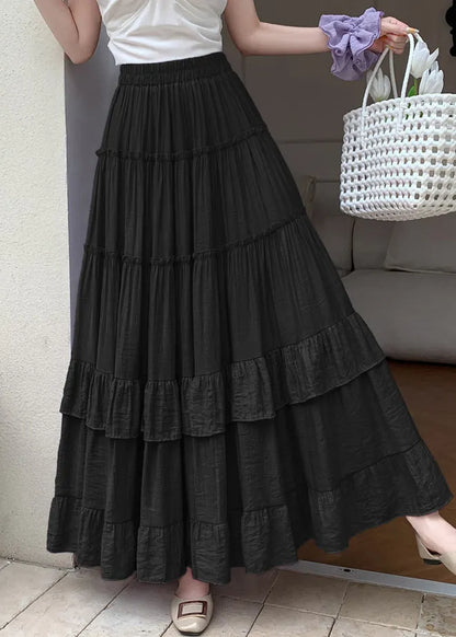 Black Elastic Waist Cotton Exra Large Hem Skirts Wrinkled
