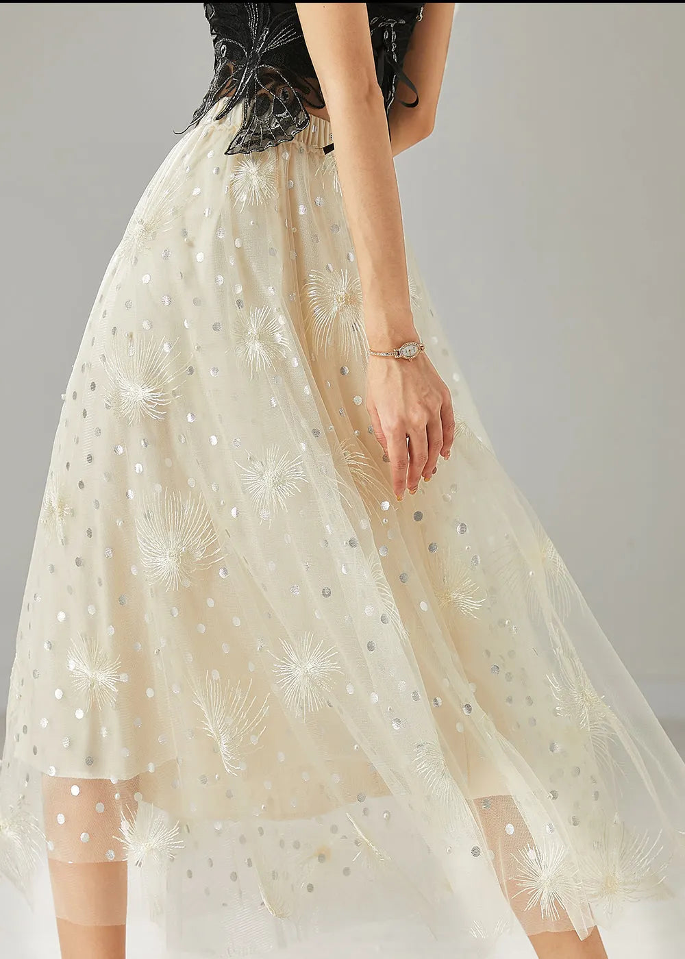 Milk White Embroidered Sequins Tulle Skirts Summer