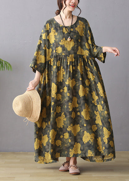 Retro Yellow O-neck Print Wrinkled Maxi Dress Long Sleeve