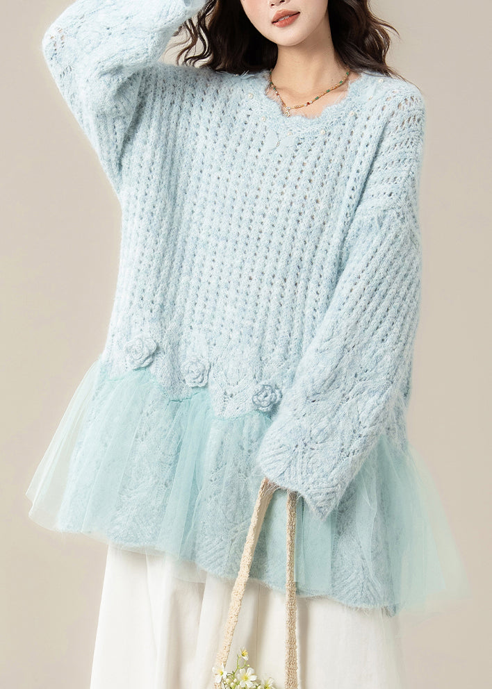Light Blue Hollow Out Butterfly Tulle Patchwork Knit Sweater Spring