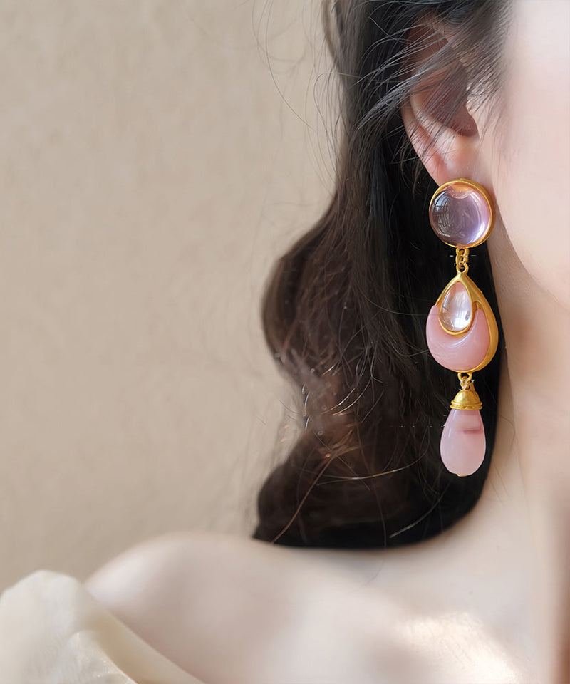 Pink Sterling Silver Overgild Crystal Coloured Glaze Water Drop Drop Earrings
