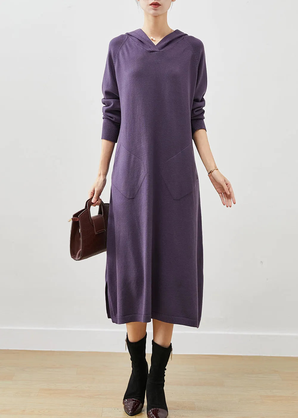 Dull Purple Hooded Side Open Knit Dress Spring