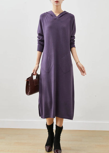 Dull Purple Hooded Side Open Knit Dress Spring
