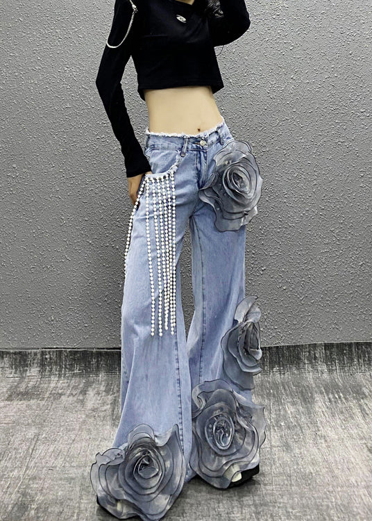 Blue Pockets Bead Tassel Denim Pants Spring