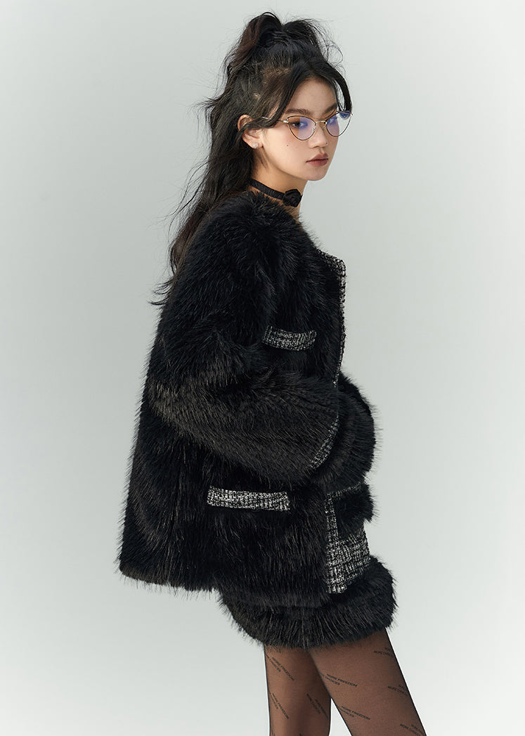 Black Patchwork Leather and Fur Two Pieces Set O Neck Long Sleeve