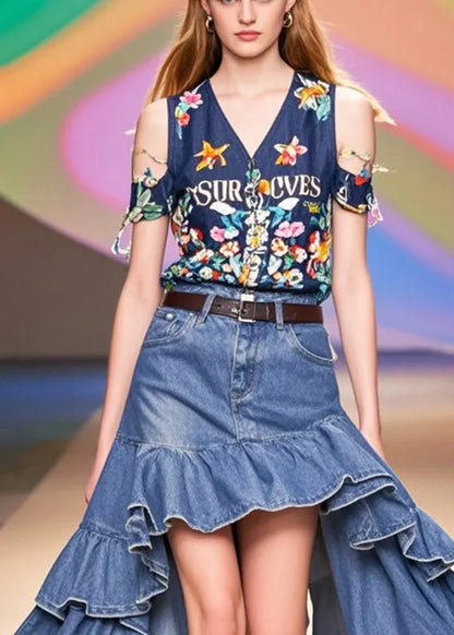 Blue Ruffles Low High Design Denim Holiday Skirts Spring