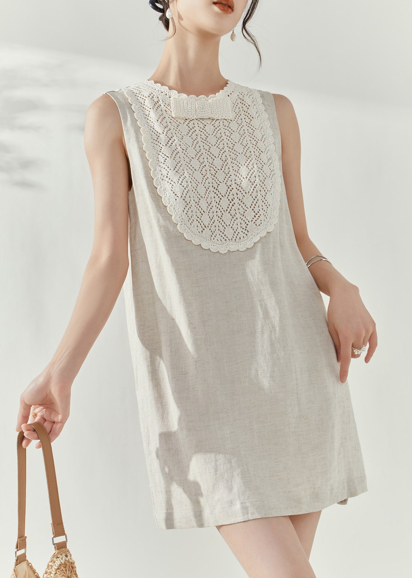 French White O-neck Hollow Out Party Mid Dress Summer