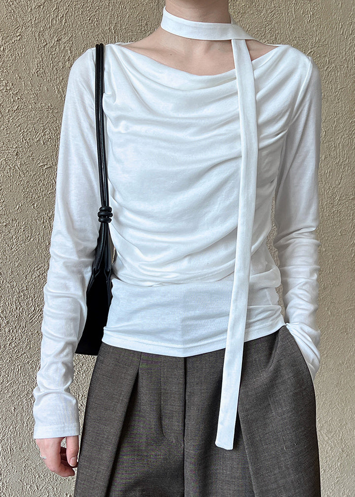 White Fitted Cotton T Shirts Top Wrinkled Long Sleeve