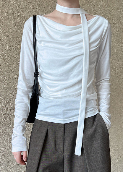 White Fitted Cotton T Shirts Top Wrinkled Long Sleeve