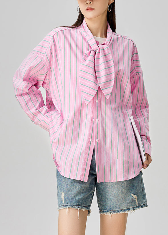 Pink Bow Striped Button Cotton Blouse Fall