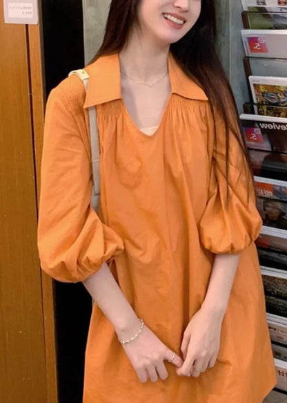 Simple Orange Peter Pan Collar Wrinkled Cotton Shirts Dress Bracelet Sleeve