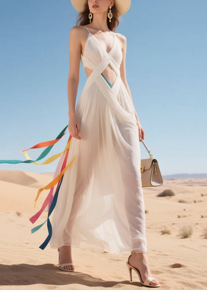 White Sheer Hollow Out Tulle Beach Dress Summer