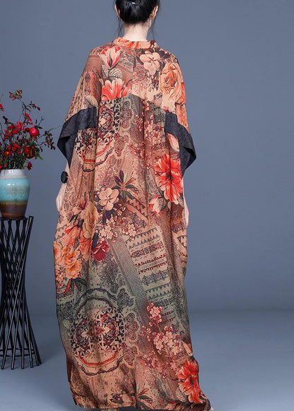 French Chocolate Print V Neck Oversize Summer Silk Long Dress