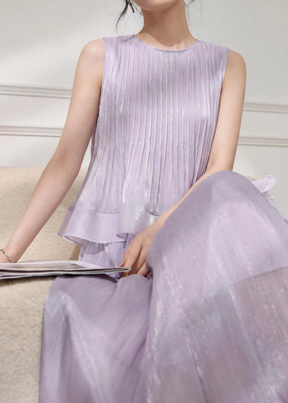 Stylish Purple Wrinkled Top and Maxi Skirts Two Pieces Set Summer