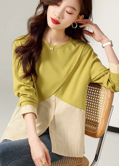 Loose Yellow O-neck Striped Patchwork T Shirts Long Sleeve