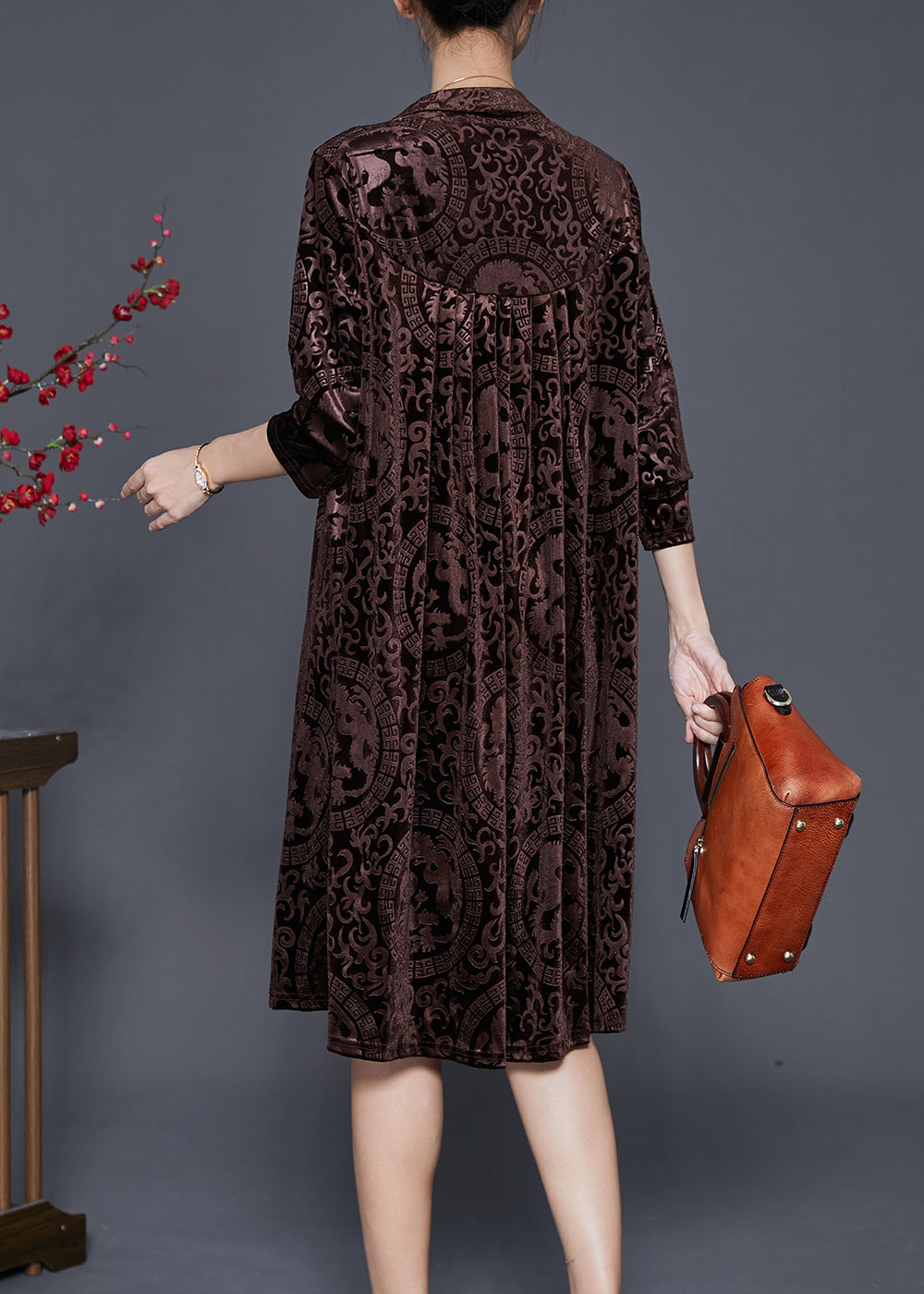 Chocolate V Neck Print Silk Velour Maxi Dresses Fall