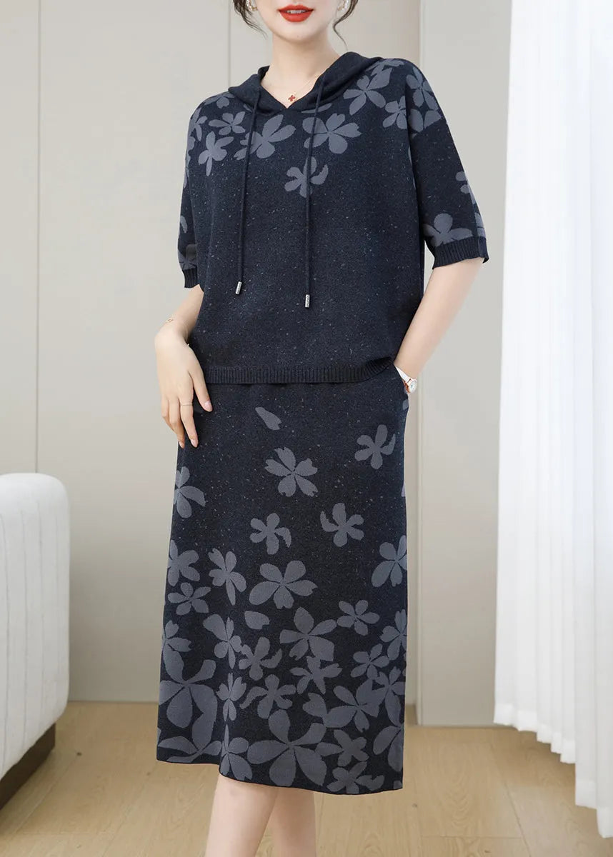 Coffee Jacquard Hooded Patchwork Knit Two Pieces Set Fall
