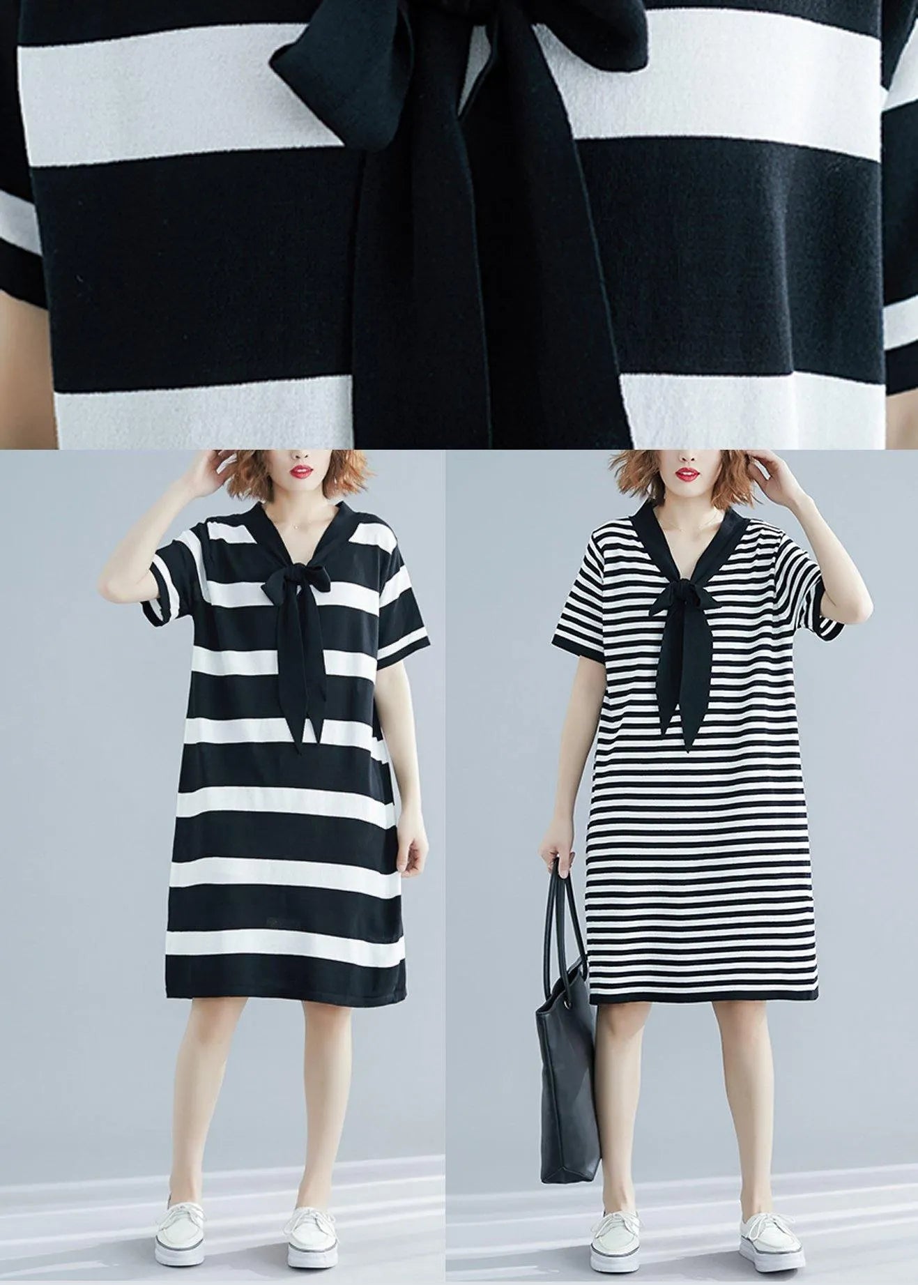 French Black White Wide Striped Cotton Bow Summer Dress