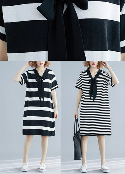 French Black White Wide Striped Cotton Bow Summer Dress