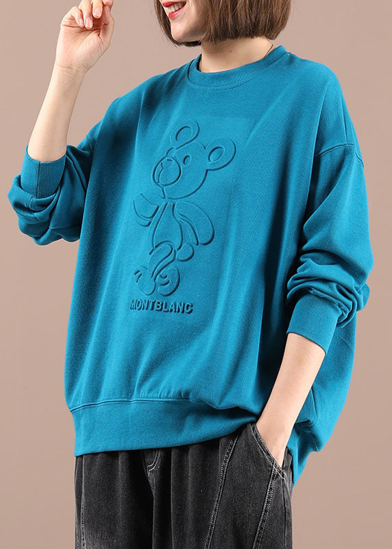 Blue O-neck Print Loose Fall Sweatshirts