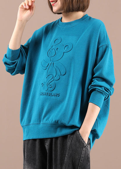 Blue O-neck Print Loose Fall Sweatshirts