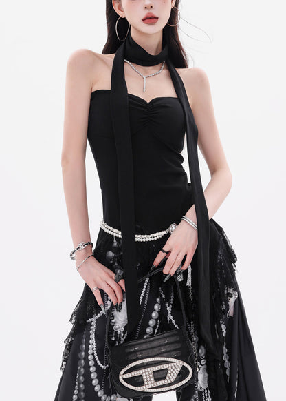 Slim Fit Black Asymmetrical Lace Cotton Tank Sleeveless