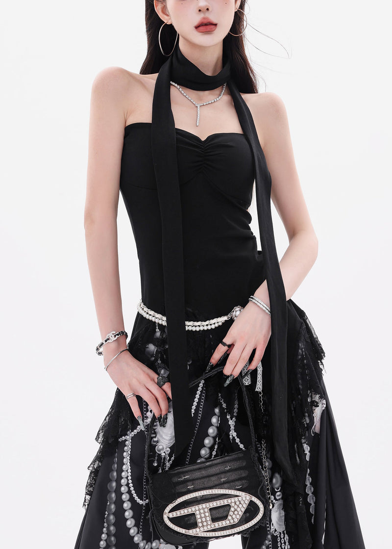 Slim Fit Black Asymmetrical Lace Cotton Tank Sleeveless