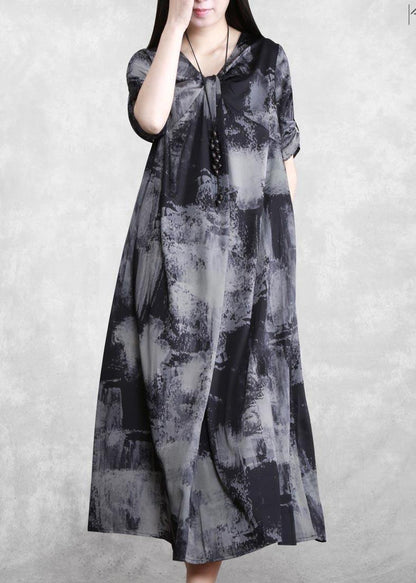 V Neck Asymmetric Quilting Clothes Design Gray Print Maxi Dress