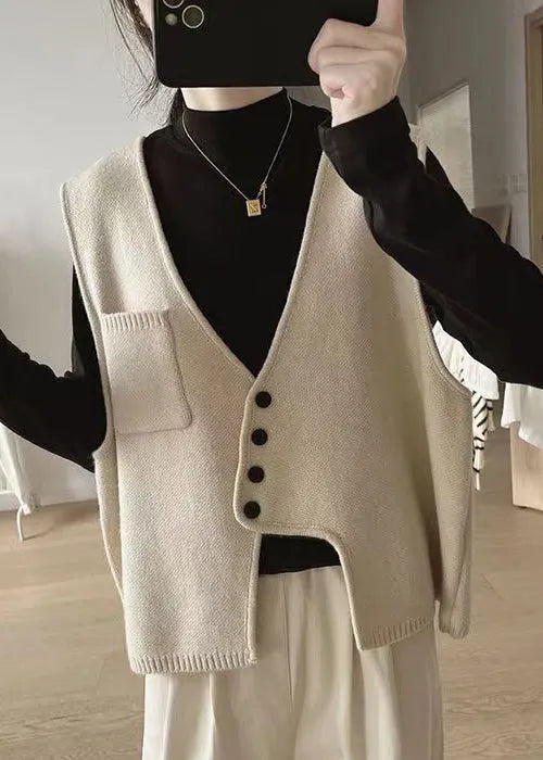 New Apricot Asymmetrical Button Patchwork Cotton Knit Waistcoat Sleeveless