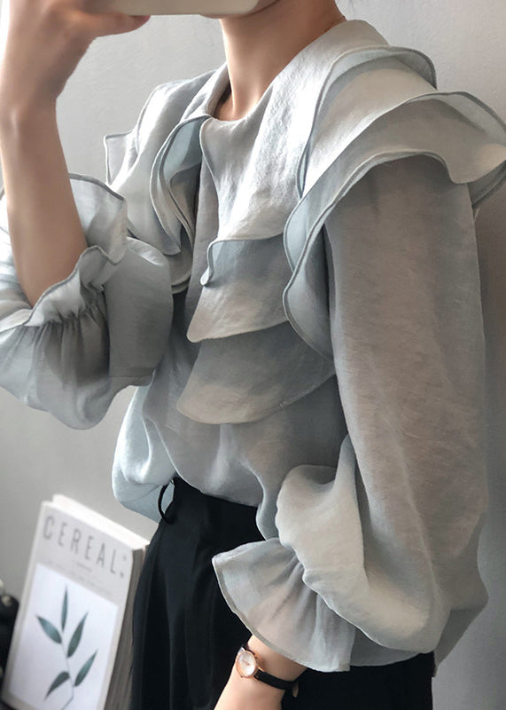 New Light Blue Ruffled Puff Sleeve Patchwork Shirt Top