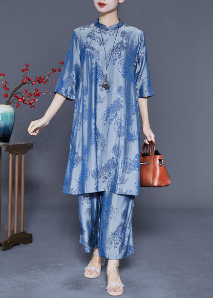Blue Chinese Style Silk Two Pieces Set Chinese Button Half Sleeve