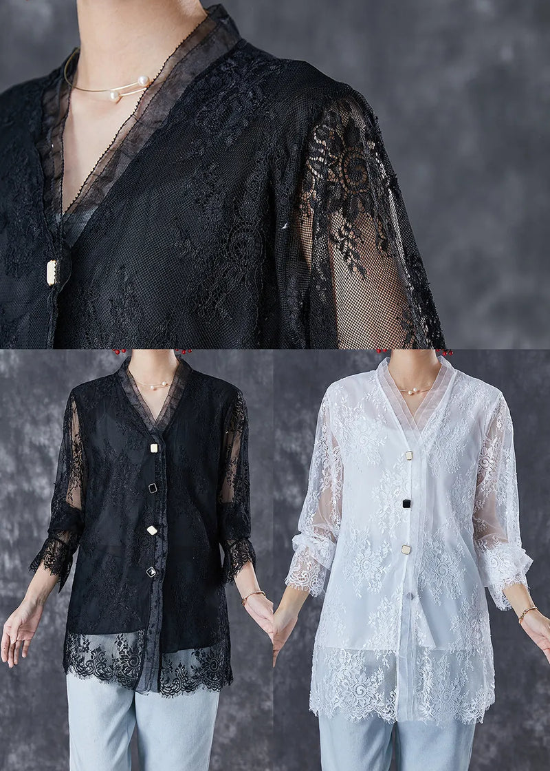 Black V Neck Patchwork Lace Shirt Fall