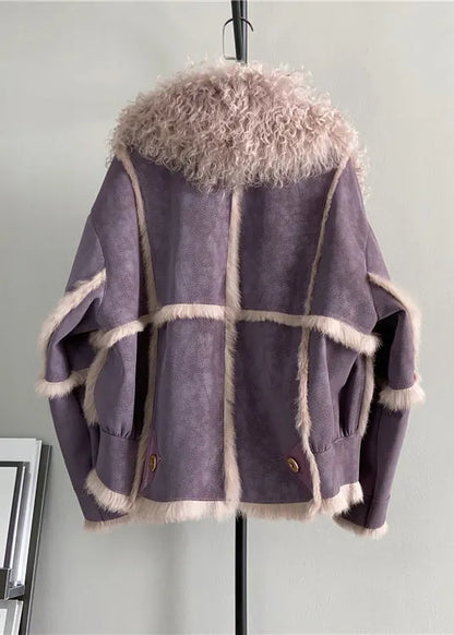 French Purple Wool Collar Patchwork Leather and Fur Jacket Winter