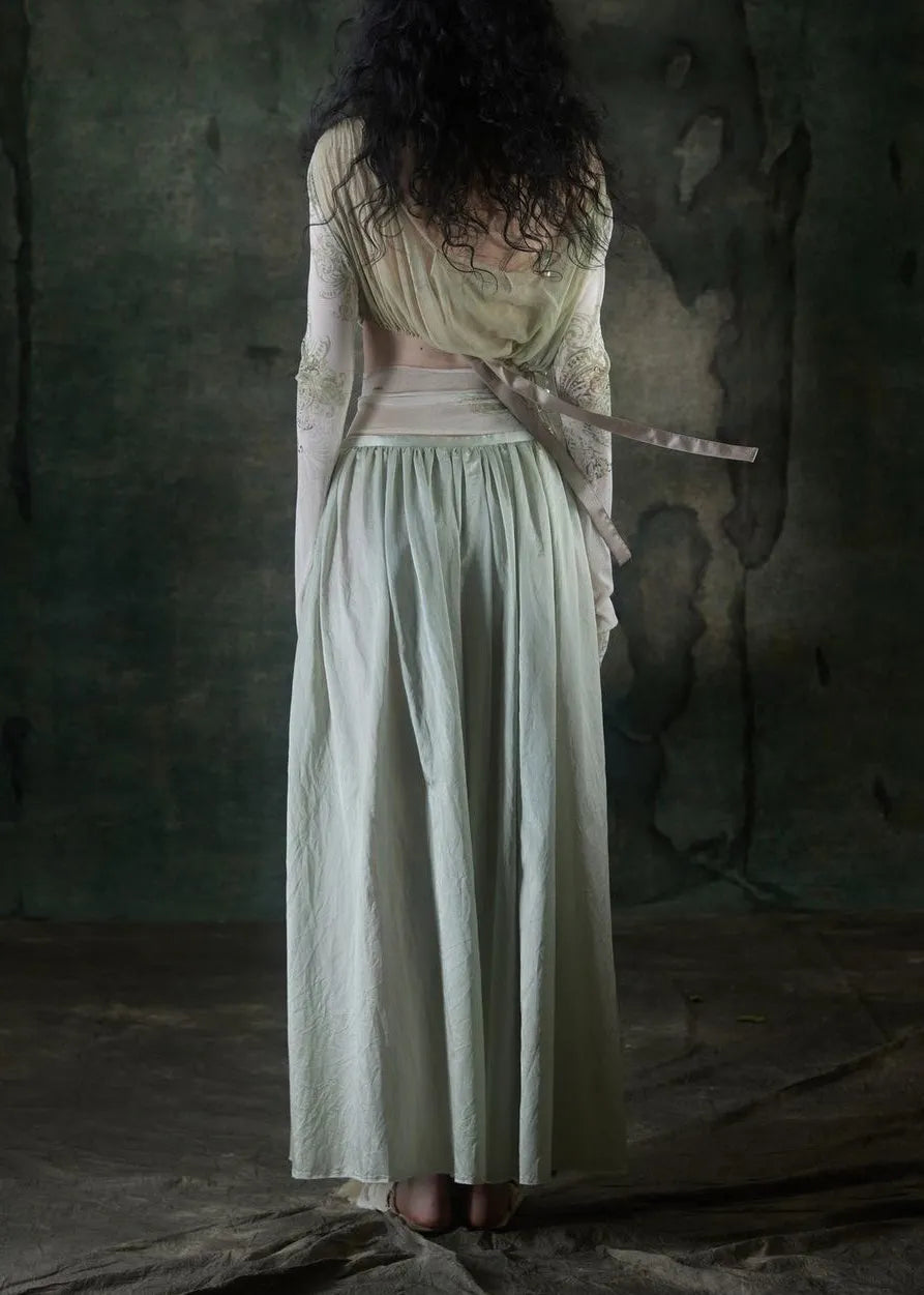 Slim Fit Cyan Tulle Embroidered Patchwork Tulle Top and Maxi Skirts Two Pieces Set Long Sleeve