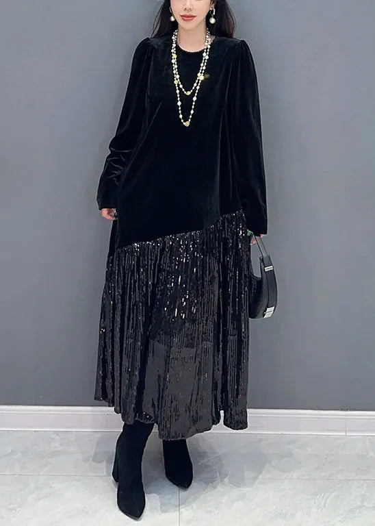 Black Wrinkled Patchwork Silk Velour Dresses O Neck Spring