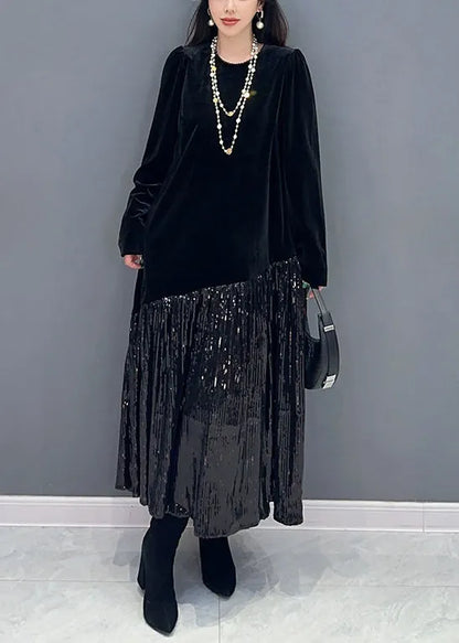 Black Wrinkled Patchwork Silk Velour Dresses O Neck Spring