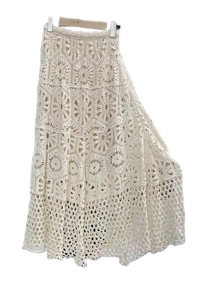 Original Design Beige Elastic Waist Lace Patchwork a Line Skirt
