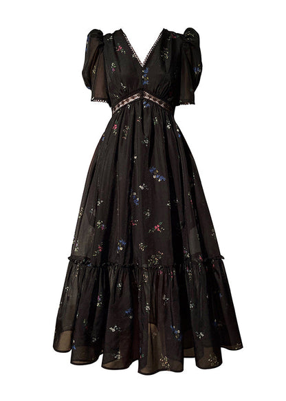 Black V Neck Zippered Print Chiffon Maxi Dresses Lantern Sleeve