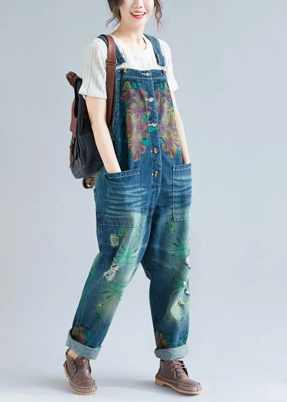 Blue Pockets Patchwork Print Denim Jumpsuit Spring