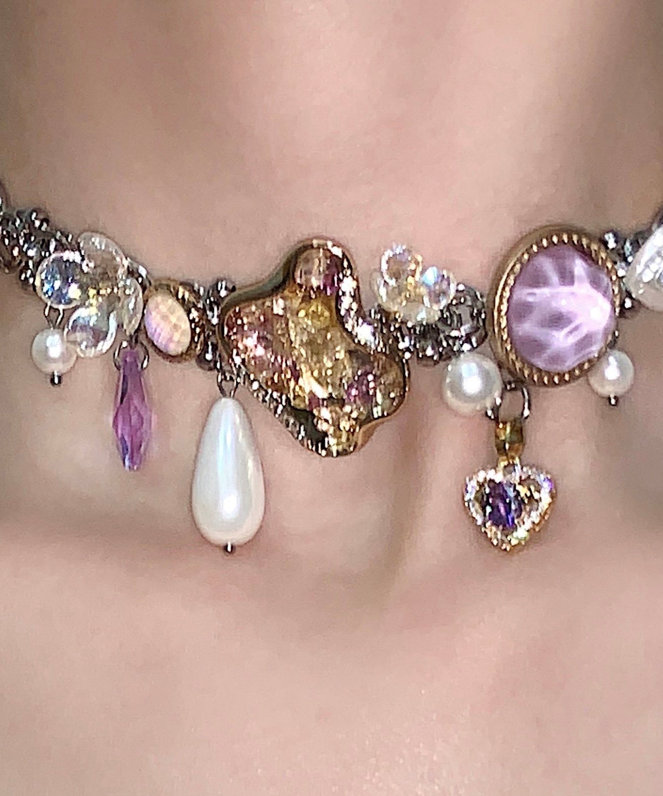 Art Purple Crystal Water Droplet Adjustable Titanium Steel Choker