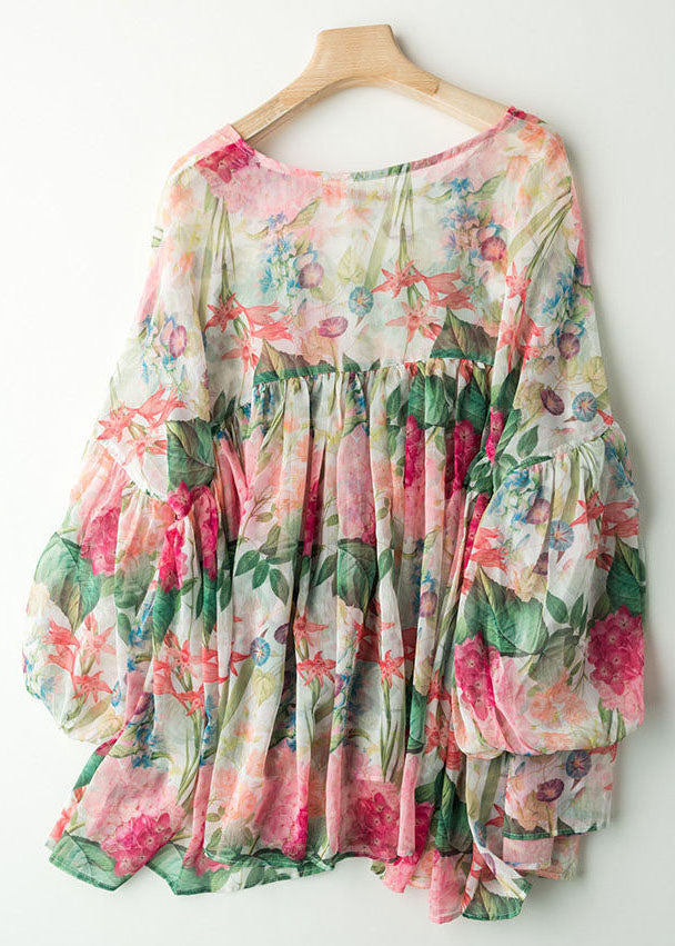 Print Wrinkled Patchwork Chiffon Blouses Lantern Sleeve