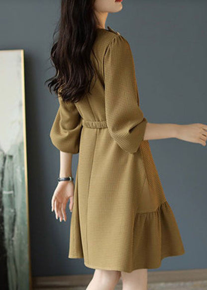 Khaki O Neck Sashes Cotton Mid Dress Long Sleeve