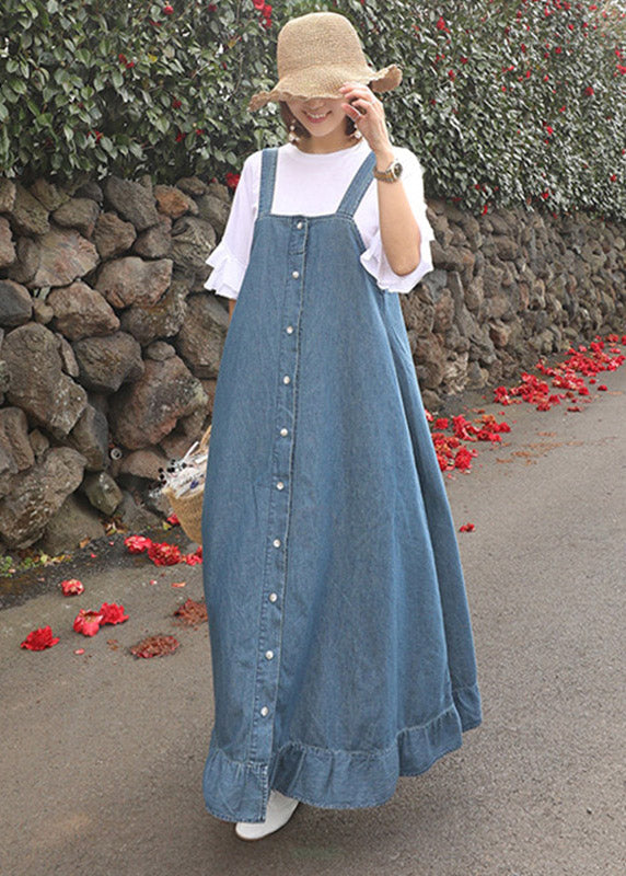 Blue Ruffled Button Spaghetti Strap Long Dress Sleeveless