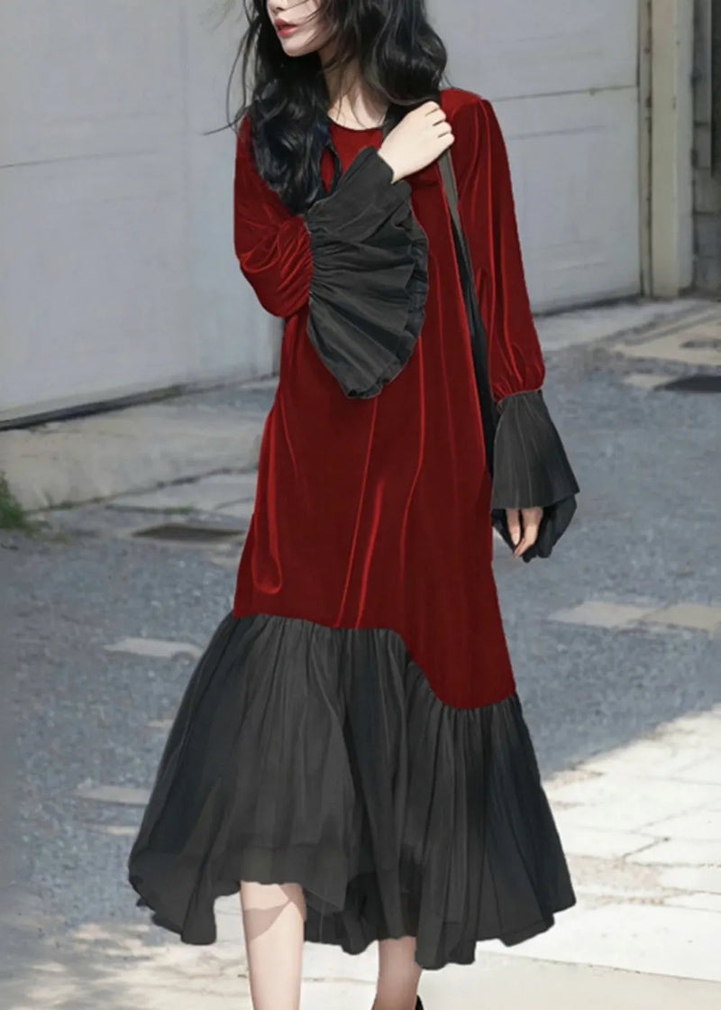 French Red O-neck Patchwork Silk Velvet Long Dress Flare Sleeve Fall