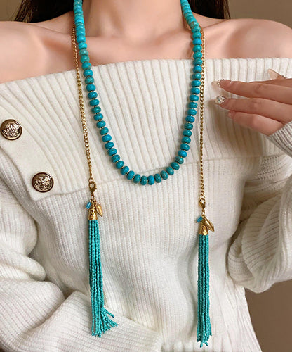 Gold Alloy Turquoise Beading Tassel Gratuated Bead Necklace
