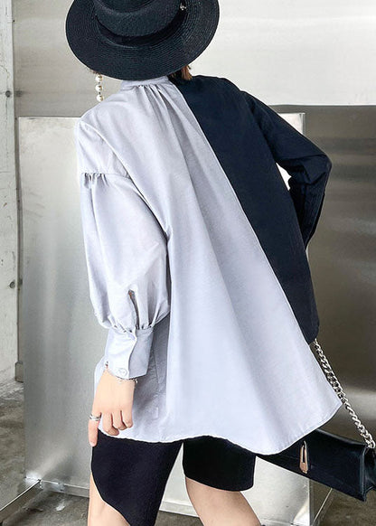 Black Patchwork Button Asymmetrical Design Fall Long Sleeve Shirt Top