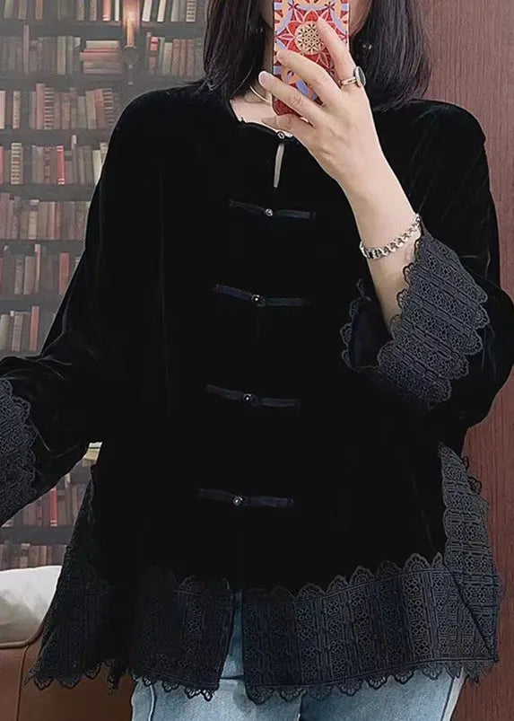 Orange O-neck Lace Patchwork Silk Velour Coats Fall