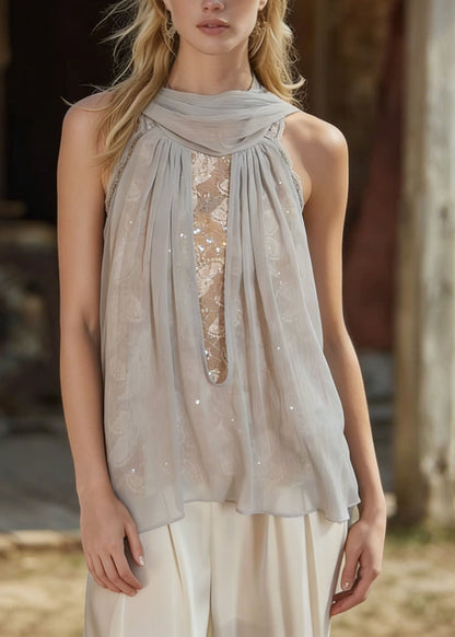 Light Blue Lace Patchwork Chiffon Top Sleeveless