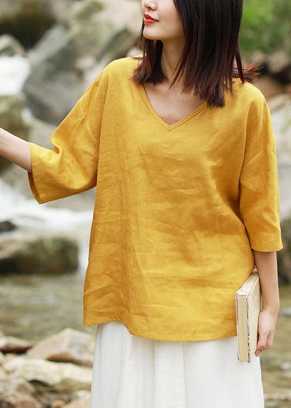 Yellow V Neck Low High Design Linen Tops Short Sleeve