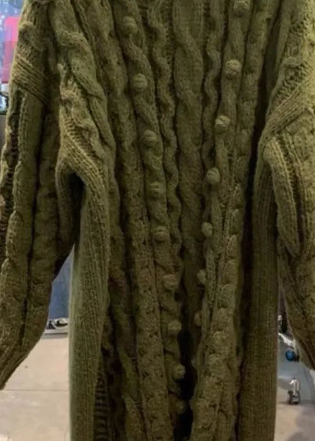 Boutique Green O-neck Side Open Cable Knit Sweaters Dress Long Sleeve